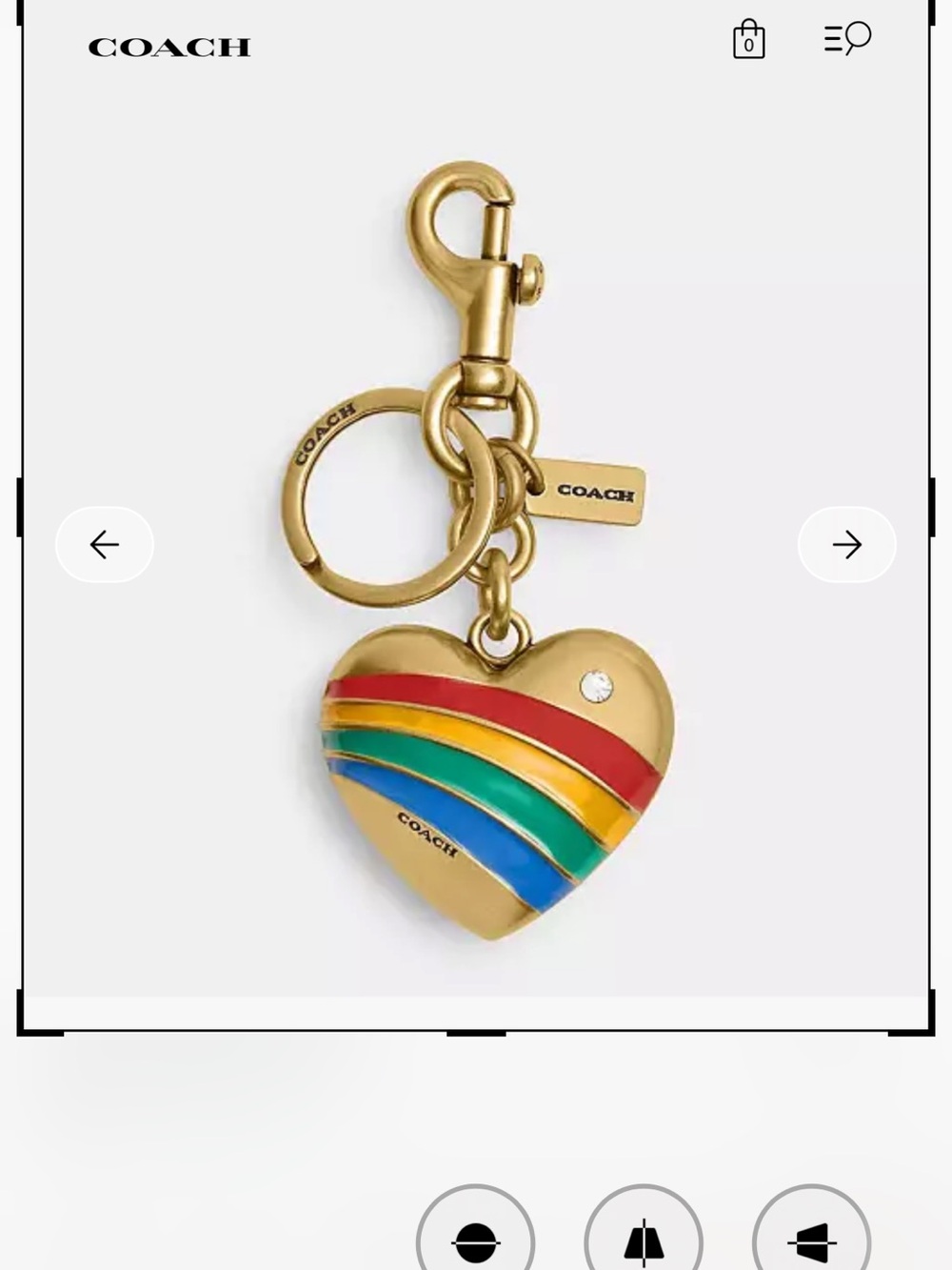 COACH Gold Heart Key Charm with Red, Orange, Green, Blue Stripes